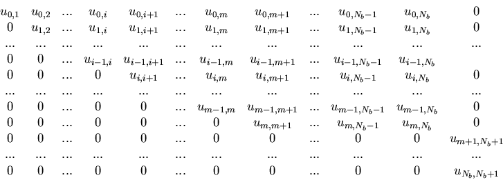 \begin{eqnarray*}\begin{array}{cccccccccccc}u_{0,1}&u_{0,2}&...&u_{0,i}&u_{0......&...\\0&0&...&0&0&...&0&0&...&0&0&u_{N_b,N_b+1}\end{array}\end{eqnarray*}