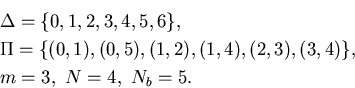 \begin{eqnarray*}&&\Delta=\{0,1,2,3,4,5,6\},\\&&\Pi=\{(0,1),(0,5),(1,2),(1,4),(2,3),(3,4)\},\\&&m=3, \ N=4, \ N_b=5.\end{eqnarray*}