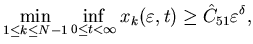 $\displaystyle \min_{1 \leq k \leq N-1}\inf_{0 \leq t <\infty} x_k(\varepsilon, t)\geq \hat C_{51} \varepsilon^{\delta},$