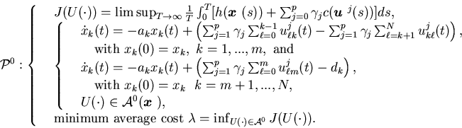 \begin{eqnarray*}{\cal P}^0:\left \{\begin{array}{lll}& J( U(\cdot))=\lims......f_{U(\cdot)\in {\cal A}^0} J(U(\cdot)).\end{array}\right.\end{eqnarray*}